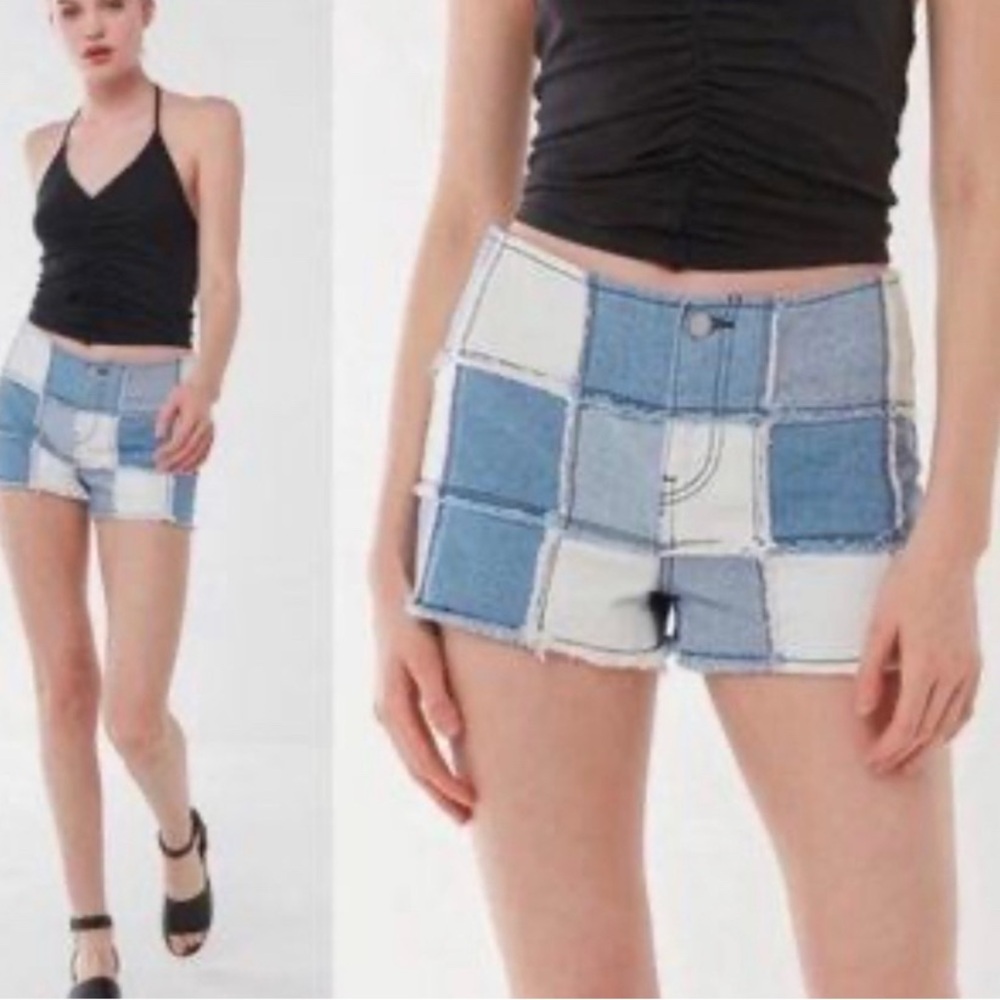 BDG Urban Outfitters Blue White Patchwork Windowpane Jean Shorts cut offs 26